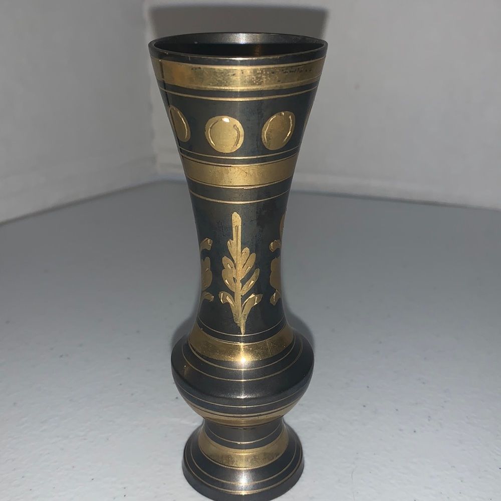 Vintage Blackened Brass Vase with Black & Gold Etched Design